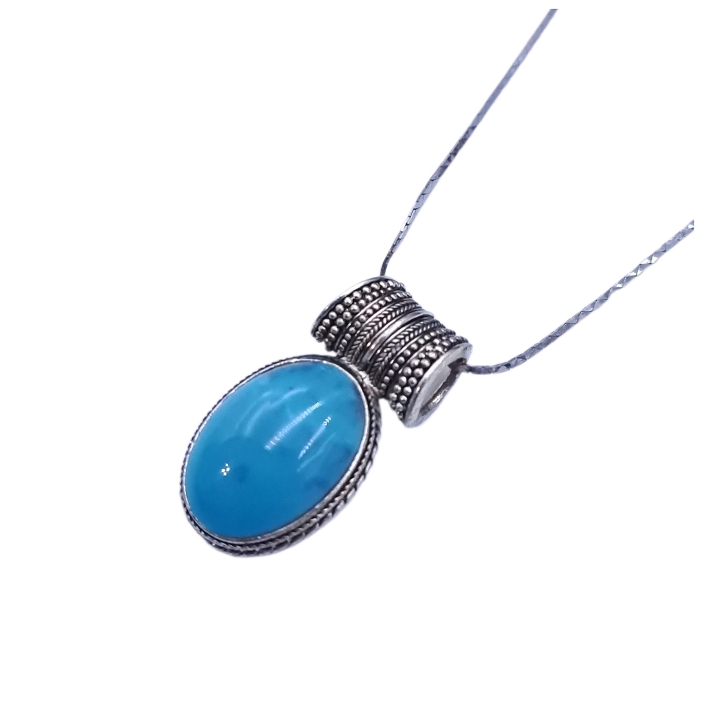 Silver Tone Blue Stone Pendant Necklace • Boho Southwestern Style - Picture 2 of 4
